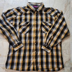 3XL mens large yellow, black plaid casual button up shirt